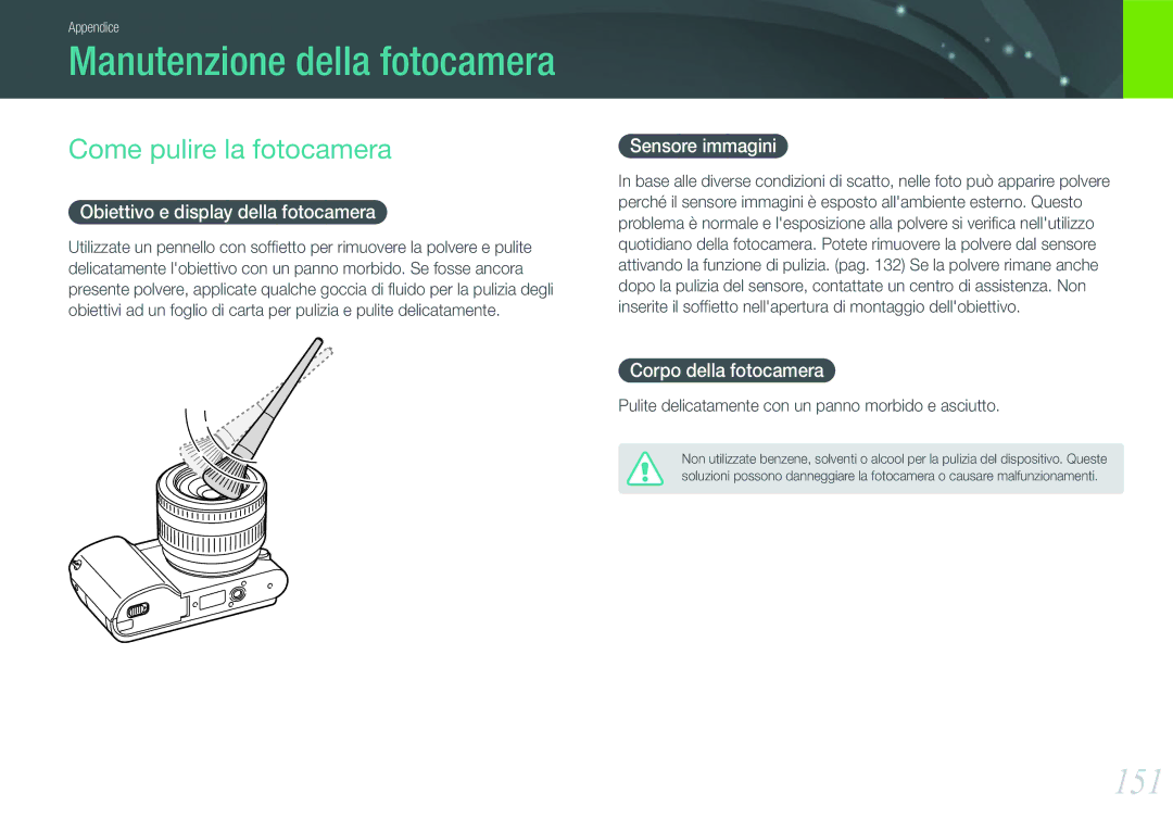 Samsung EV-NX1000BABIT, EV-NX1000BHWIT, EV-NX1000BFWTR manual Manutenzione della fotocamera, 151, Come pulire la fotocamera 