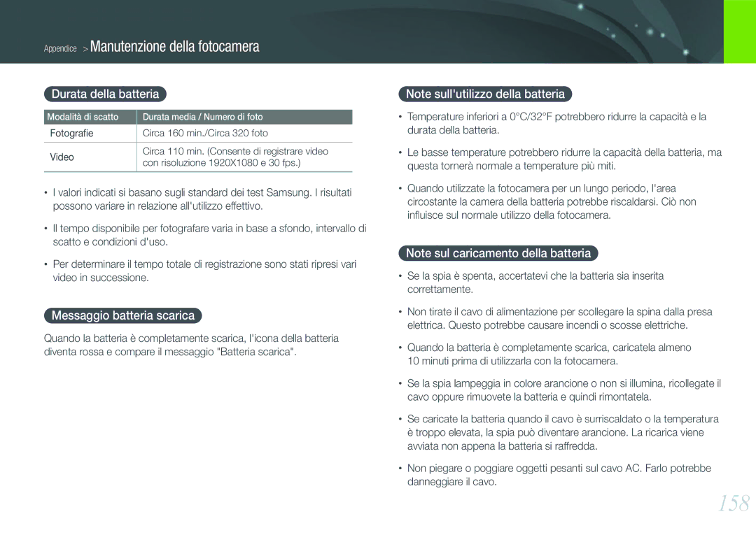 Samsung EV-NX1000BFWIT, EV-NX1000BABIT, EV-NX1000BHWIT manual 158, Durata della batteria, Messaggio batteria scarica 