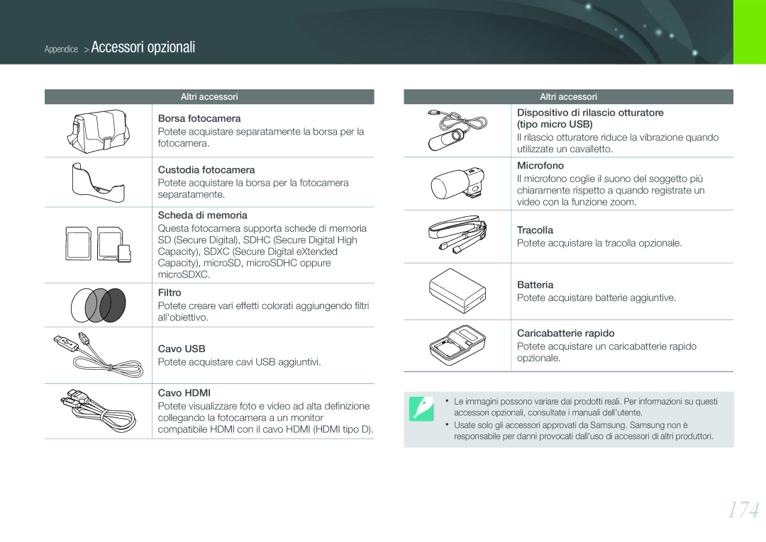 Samsung EV-NX1000BFWIT, EV-NX1000BABIT, EV-NX1000BHWIT, EV-NX1000BFWTR manual 174, Appendice Accessori opzionali 