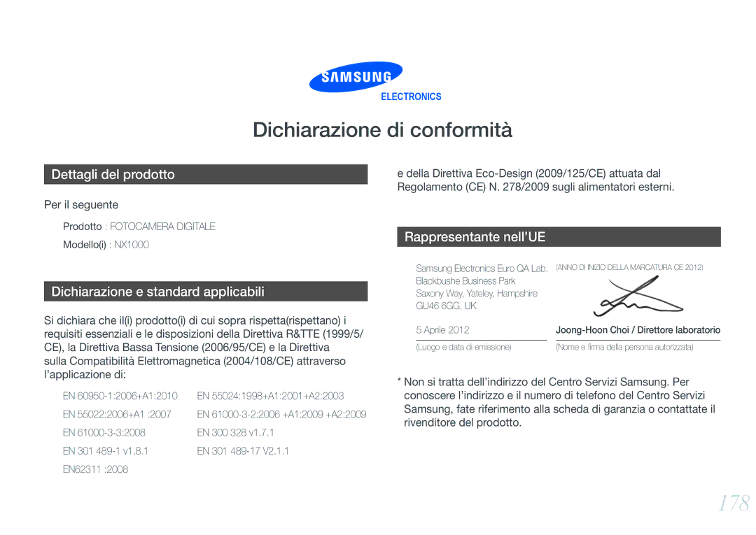 Samsung EV-NX1000BFWIT 178, Prodotto Fotocamera Digitale Modelloi NX1000, EN 300 328, EN 301 489-1 EN 301 489-17 EN62311 