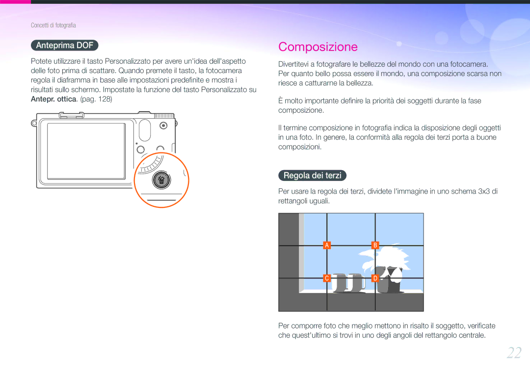 Samsung EV-NX1000BFWIT, EV-NX1000BABIT, EV-NX1000BHWIT, EV-NX1000BFWTR manual Anteprima DOF, Regola dei terzi 