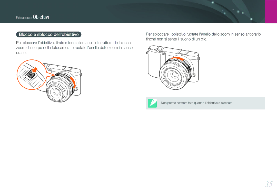 Samsung EV-NX1000BABIT, EV-NX1000BHWIT, EV-NX1000BFWTR, EV-NX1000BFWIT manual Blocco e sblocco dellobiettivo 