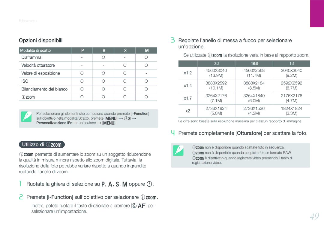 Samsung EV-NX1000BFWTR, EV-NX1000BABIT, EV-NX1000BHWIT, EV-NX1000BFWIT manual Opzioni disponibili, Utilizzo di Z, Iso 