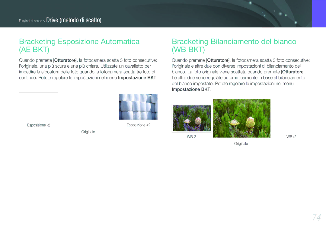 Samsung EV-NX1000BFWIT manual Bracketing Esposizione Automatica AE BKT, Bracketing Bilanciamento del bianco WB BKT 