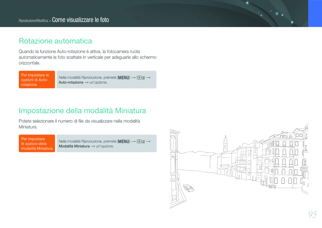 Samsung EV-NX1000BABIT, EV-NX1000BHWIT, EV-NX1000BFWTR manual Rotazione automatica, Impostazione della modalità Miniatura 