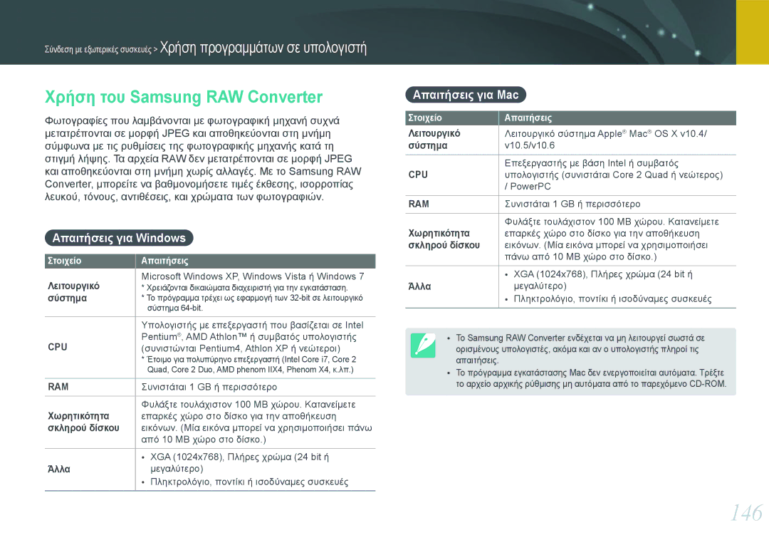 Samsung EV-NX1000BFWPL, EV-NX1000BABPL 146, Χρήση του Samsung RAW Converter, Απαιτήσεις για Windows, Απαιτήσεις για Mac 