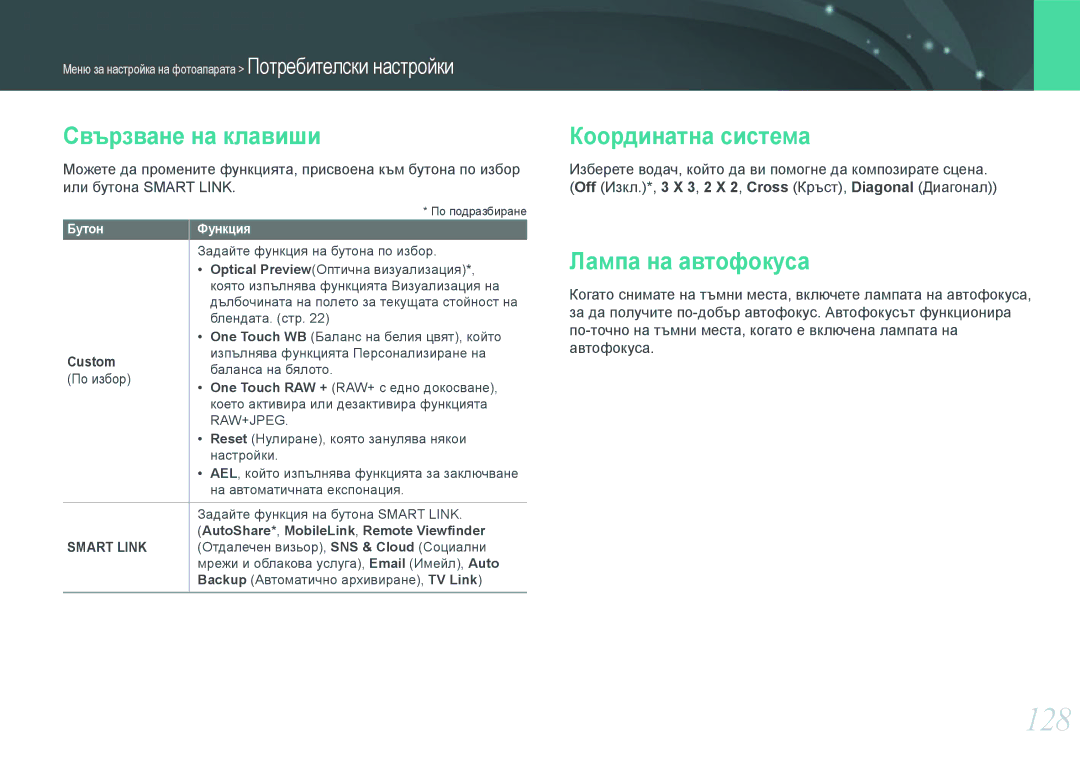 Samsung EV-NX1000BFWRO, EV-NX1000BABRO manual 128, Свързване на клавиши, Координатна система, Лампа на автофокуса, Custom 