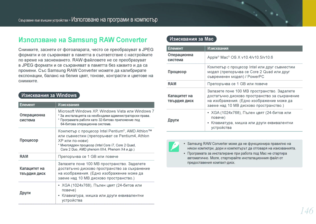 Samsung EV-NX1000BFWRO, EV-NX1000BABRO 146, Използване на Samsung RAW Converter, Изисквания за Windows, Изисквания за Mac 