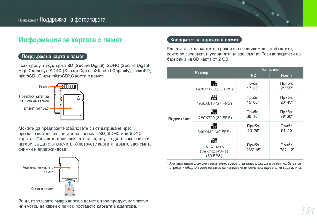 Samsung EV-NX1000BFWRO manual 154, Информация за картата с памет, Поддържана карта с памет, Капацитет на картата с памет 