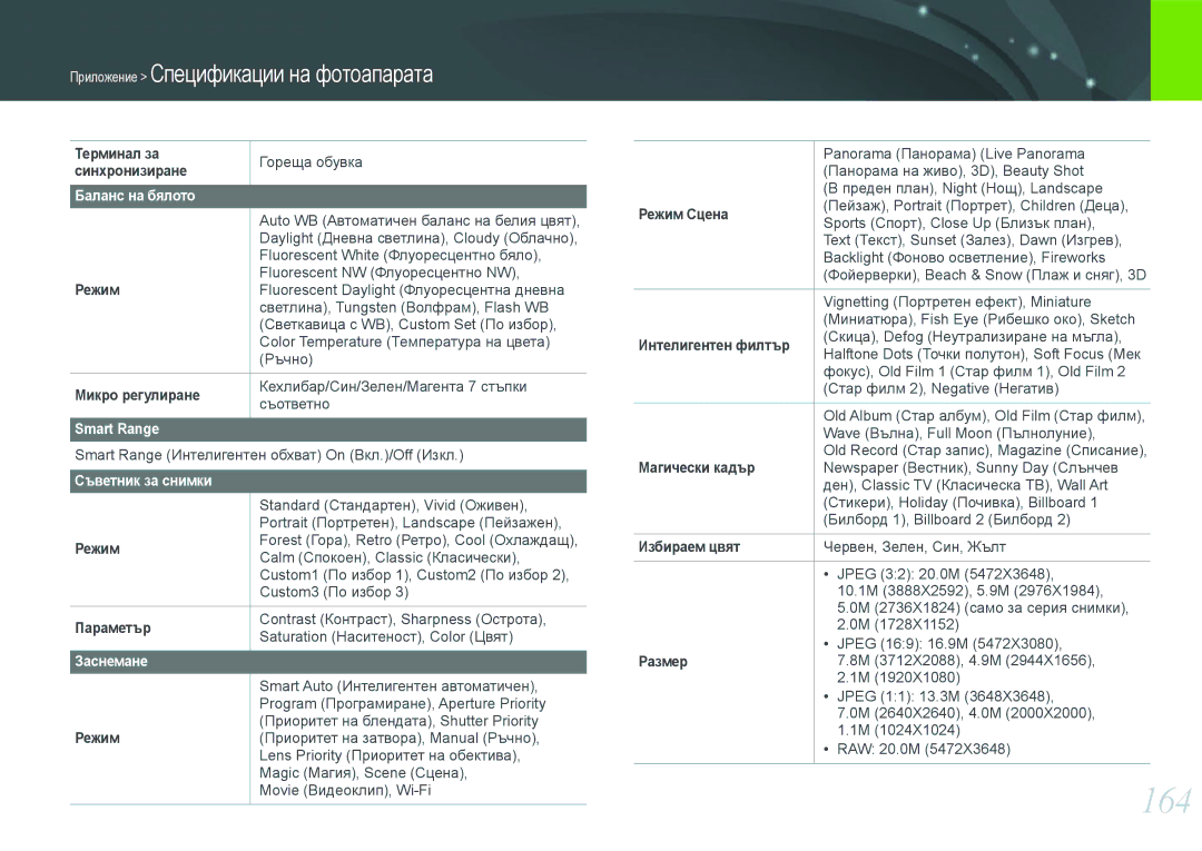 Samsung EV-NX1000BFWRO, EV-NX1000BABRO manual 164, Баланс на бялото, Smart Range, Съветник за снимки, Заснемане 