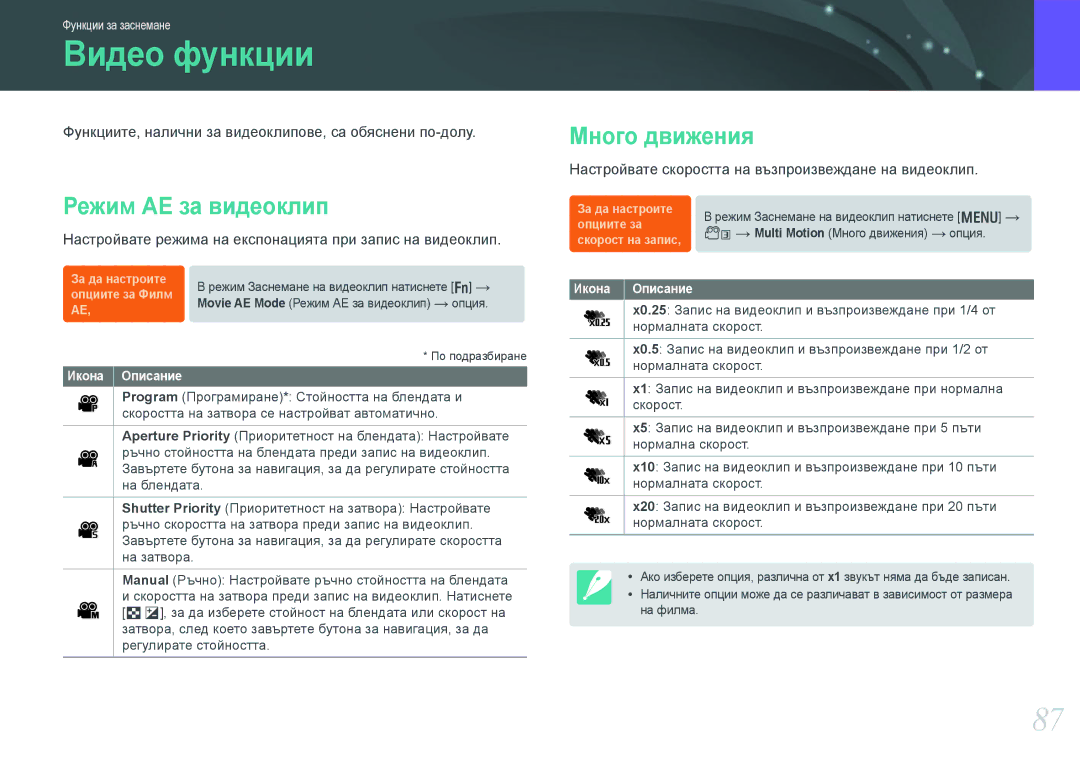 Samsung EV-NX1000BABRO, EV-NX1000BFWRO manual Видео функции, Режим АЕ за видеоклип, Много движения 