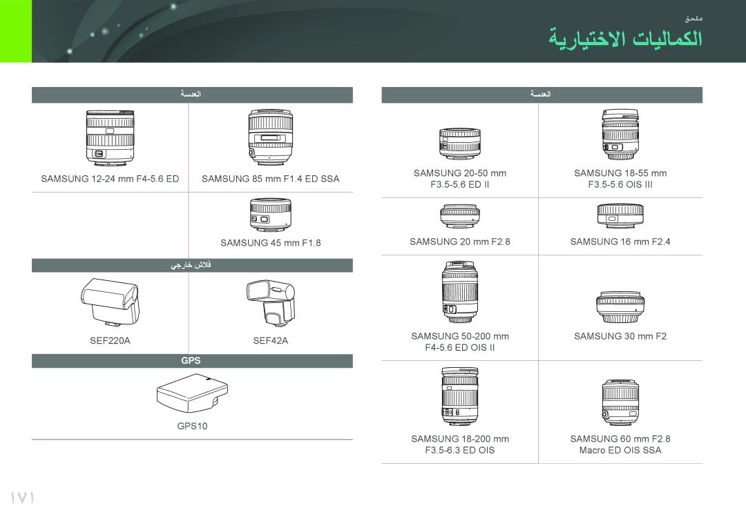 Samsung EV-NX1000DFWME, EV-NX1000BFWIL, EV-NX1000BABSA, EV-NX1000DJPME, EV-NX1000DABZA manual ةيرايتخلاا تايلامكلا, 171 