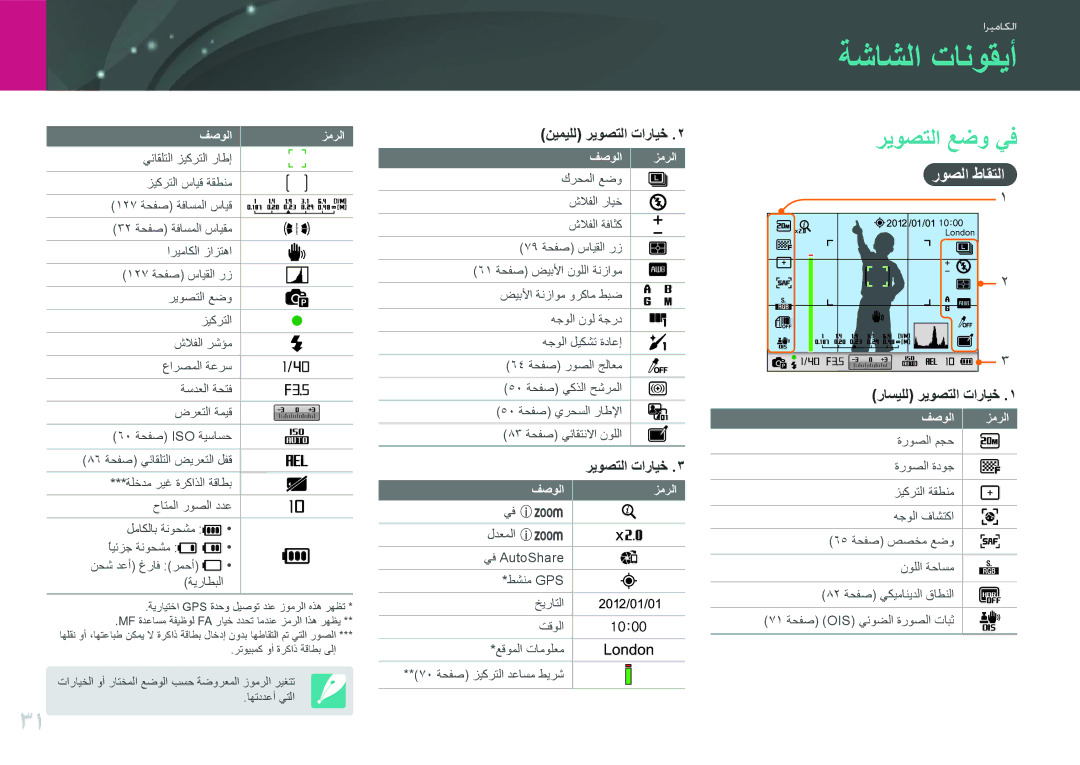 Samsung EV-NX1000DFWME, EV-NX1000BFWIL, EV-NX1000BABSA, EV-NX1000DJPME manual ةشاشلا تانوقيأ, ريوصتلا عضو يف, روصلا طاقتلا 