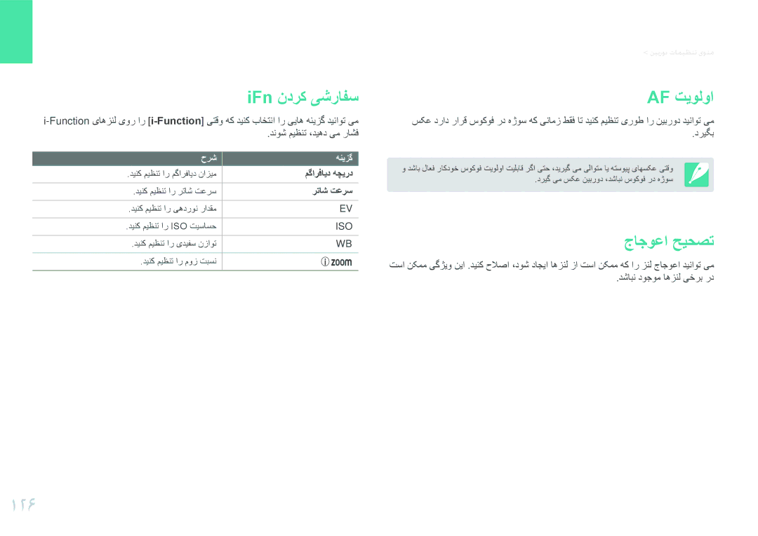 Samsung EV-NX1000BJPSA, EV-NX1000BFWIL, EV-NX1000BABSA manual 126, IFn ندرک یشرافس, Af تیولوا, جاجوعا حیحصت, مگارفاید هچیرد 