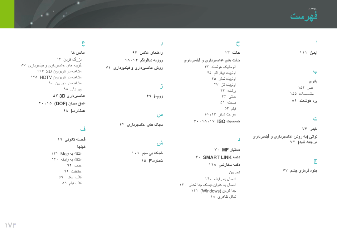 Samsung EV-NX1000DABZA تسرهف, 173, 53 3D یرادربسکع 20 ،15 DOF نادیم قمع 48 i-درکلمع, 111 لیمیا یرتاب, 156 رمع 155 تاصخشم 