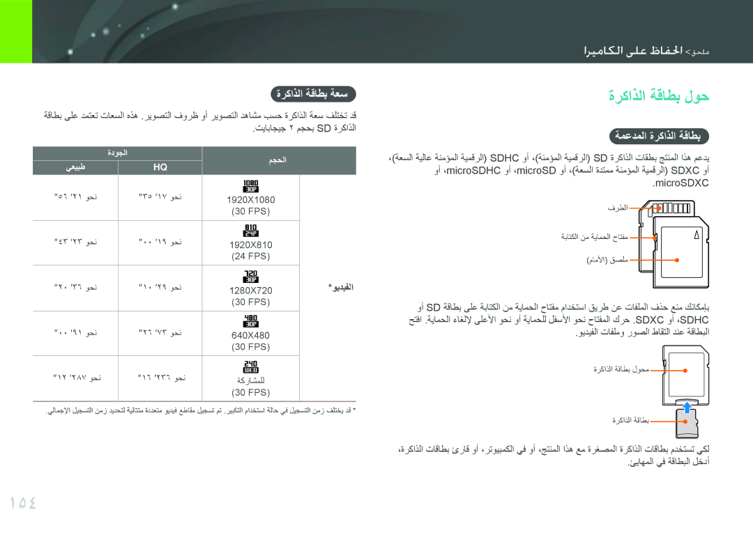 Samsung EV-NX1000BABIL, EV-NX1000BFWIL manual 154, ةركاذلا ةقاطب لوح, ةركاذلا ةقاطب ةعس, ةمعدملا ةركاذلا ةقاطب, ويديفلا 