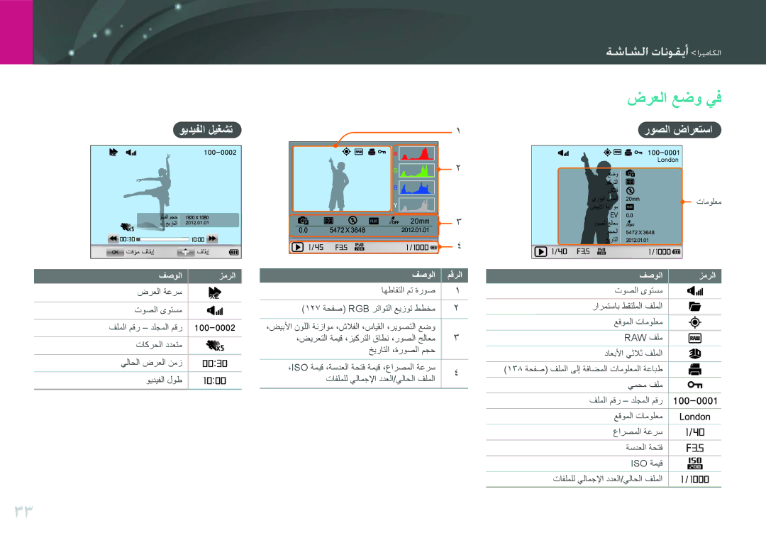 Samsung EV-NX1000DABZA, EV-NX1000BFWIL, EV-NX1000BABSA manual ضرعلا عضو يف, ويديفلا ليغشت, روصلا ضارعتسا, فصولا مقرلا 