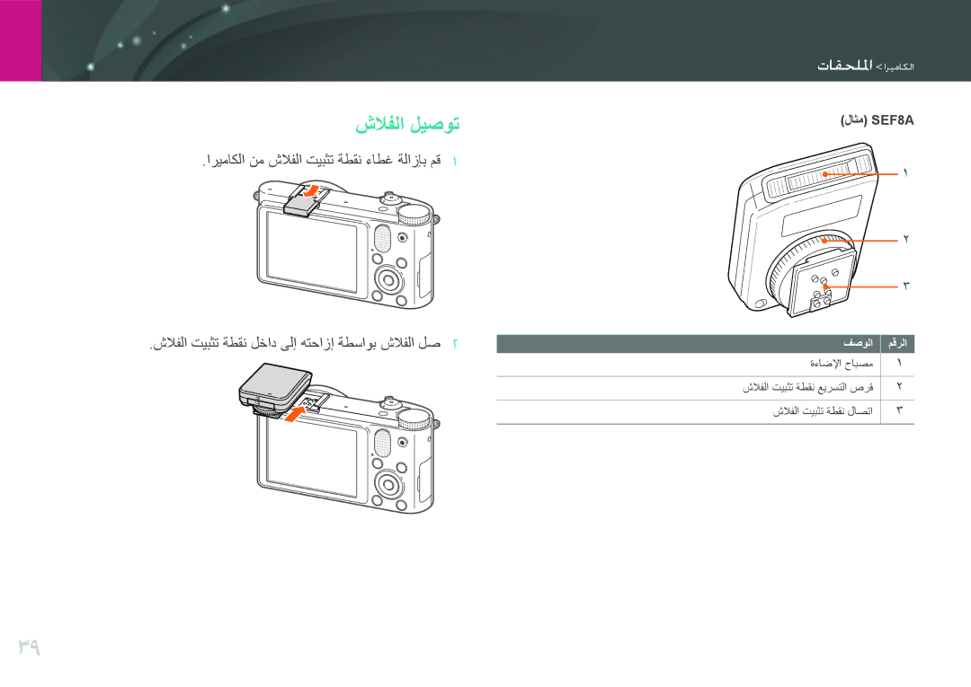 Samsung EV-NX1000BFWIL, EV-NX1000BABSA, EV-NX1000DFWME, EV-NX1000DJPME manual شلافلا ليصوت, وااللاا اريعايما, لاثم SEF8A 