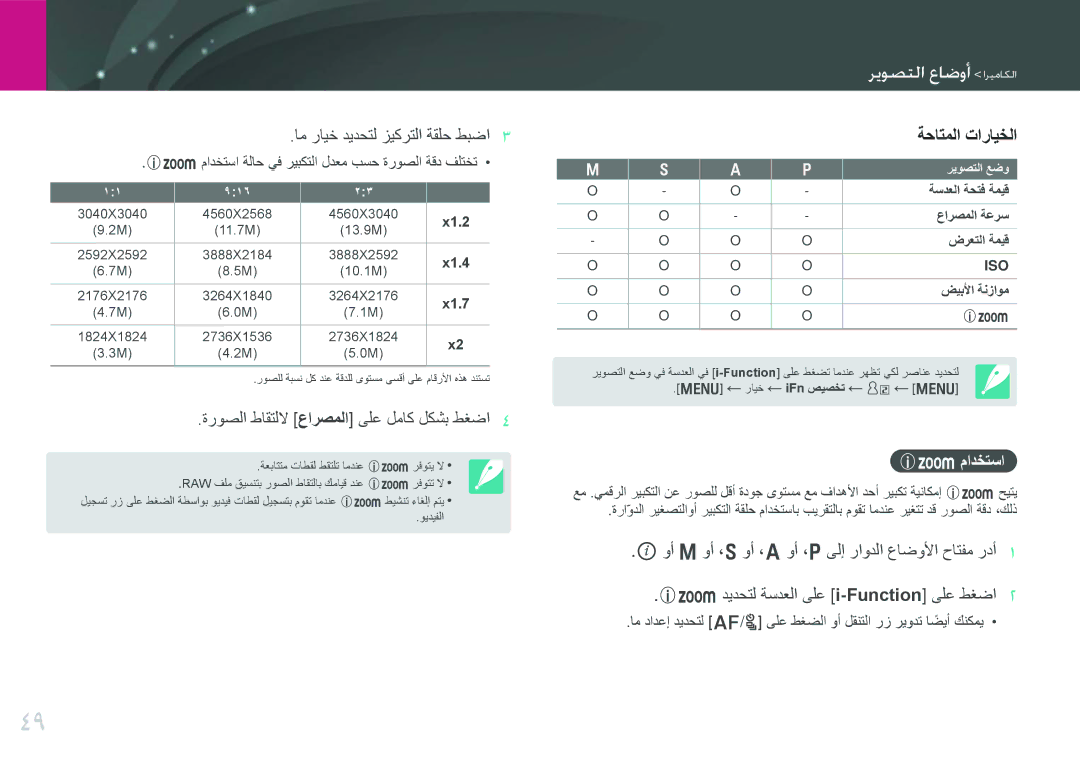 Samsung EV-NX1000BFWIL, EV-NX1000BABSA, EV-NX1000DFWME manual ةحاتملا تارايخلا, ام رايخ ديدحتل زيكرتلا ةقلح طبضا, Zمادختسا 