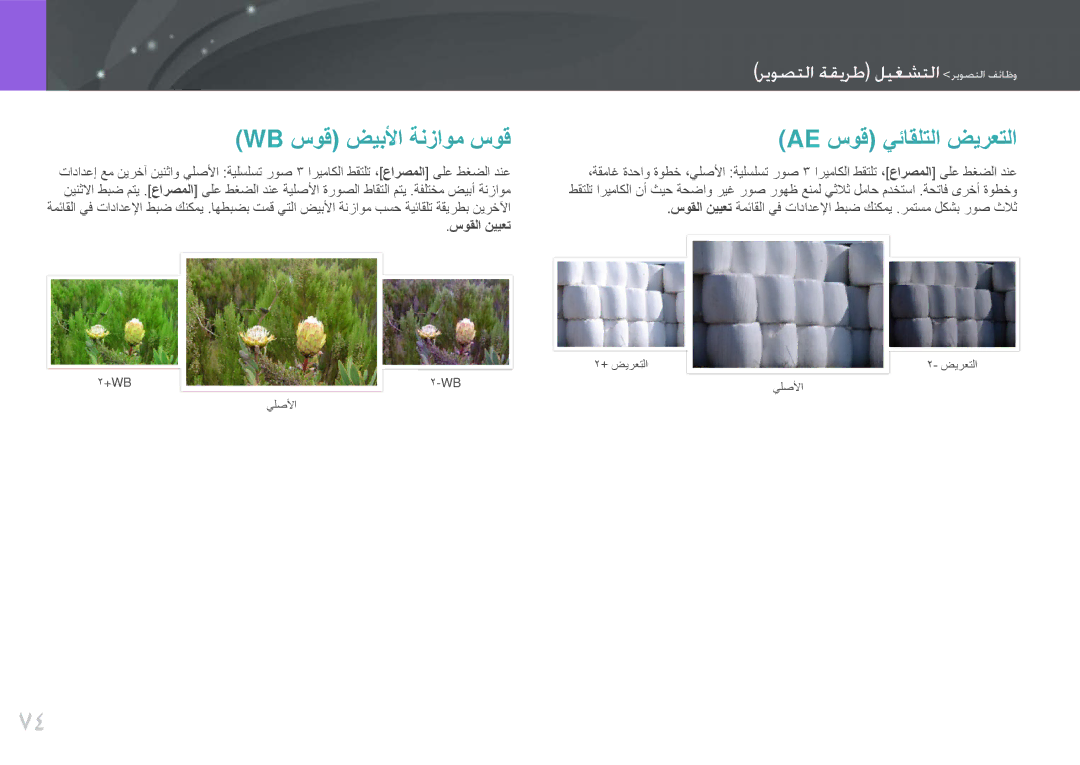 Samsung EV-NX1000BABIL, EV-NX1000BFWIL, EV-NX1000BABSA manual Wb سوق ضيبلأا ةنزاوم سوق Ae سوق يئاقلتلا ضيرعتلا, سوقلا نييعت 