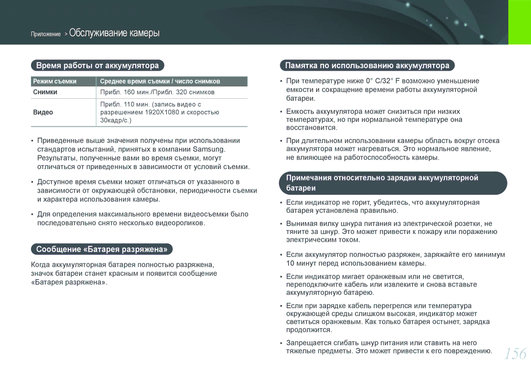 Samsung EV-NX1000BJPRU Время работы от аккумулятора, Сообщение «Батарея разряжена», Памятка по использованию аккумулятора 