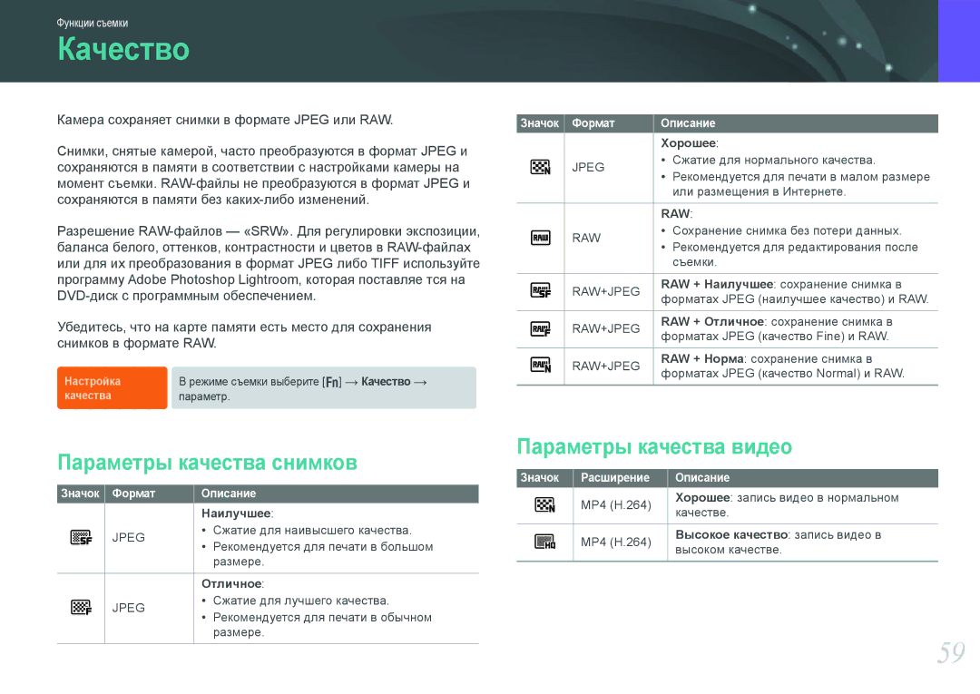 Samsung EV-NX1000BTBRU manual Качество, Параметры качества снимков, Параметры качества видео, Значок Формат Описание 