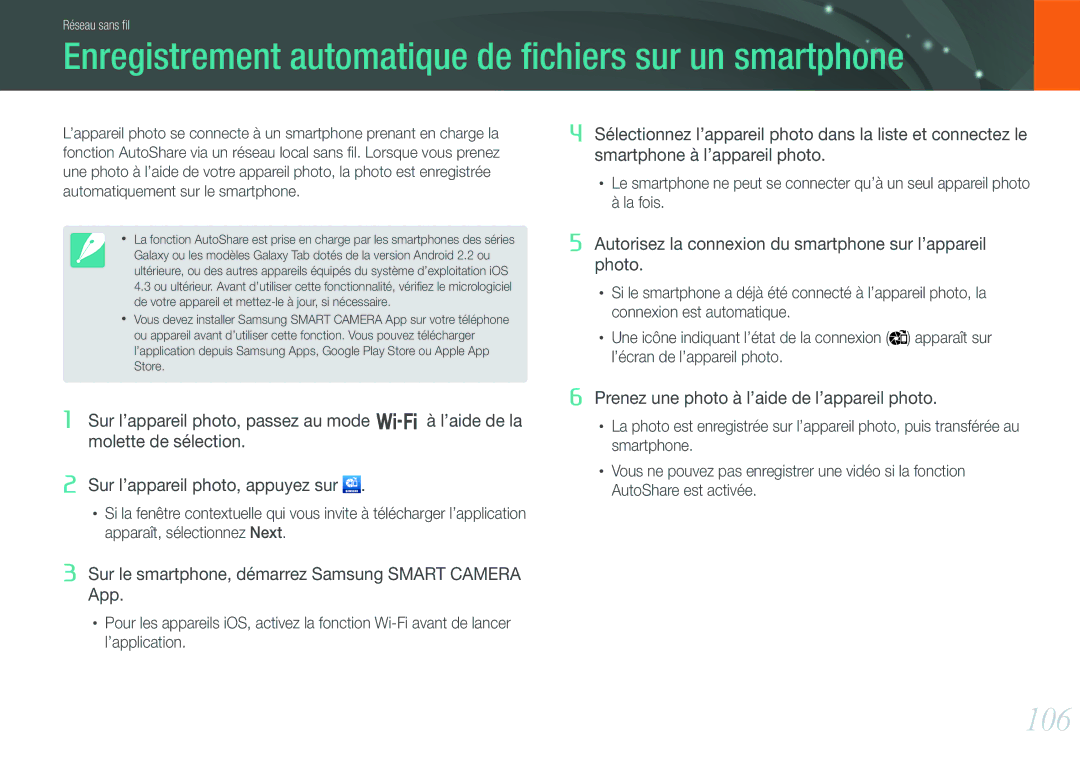 Samsung EV-NX1000BABFR, EV-NX1000BUBFR, EV-NX1000BQWFR manual Enregistrement automatique de fichiers sur un smartphone, 106 