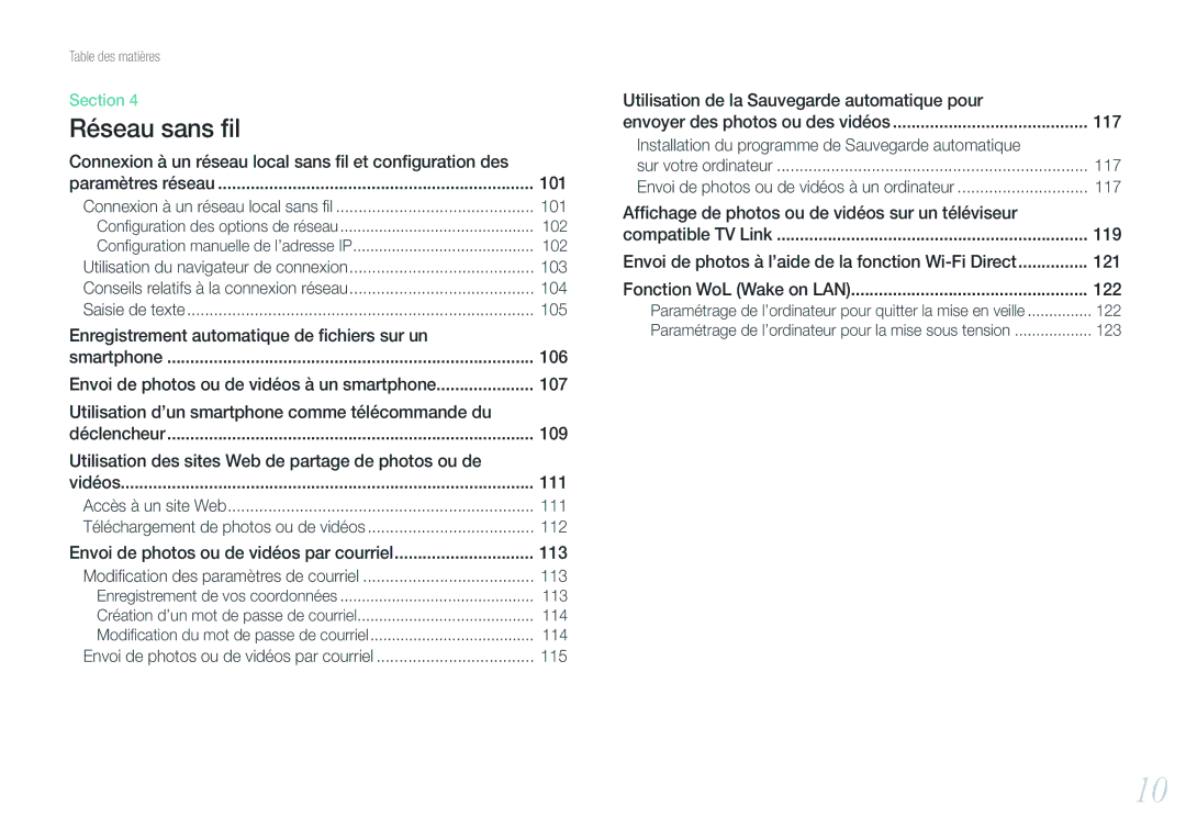 Samsung EV-NX1000BABFR manual 102, 113, 114, Envoyer des photos ou des vidéos, 117, Fonction WoL Wake on LAN 122, 123 