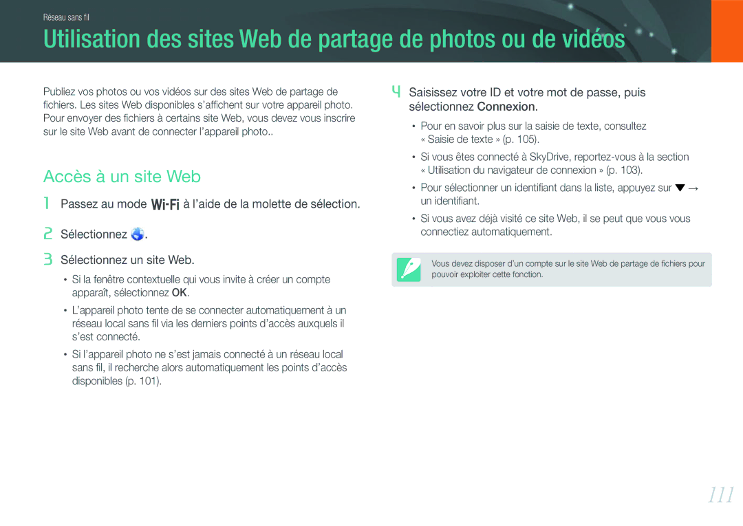 Samsung EV-NX1000BPWFR manual Utilisation des sites Web de partage de photos ou de vidéos, 111, Accès à un site Web 