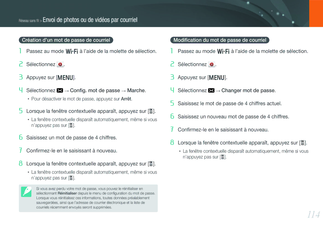 Samsung EV-NX1000BQWFR manual 114, Création d’un mot de passe de courriel, Modiﬁcation du mot de passe de courriel 