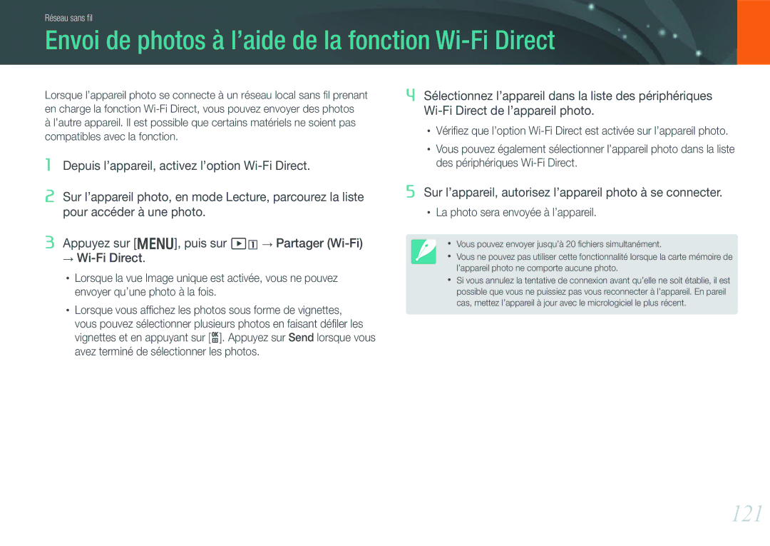 Samsung EV-NX1000BFWFR, EV-NX1000BUBFR, EV-NX1000BQWFR manual Envoi de photos à l’aide de la fonction Wi-Fi Direct, 121 