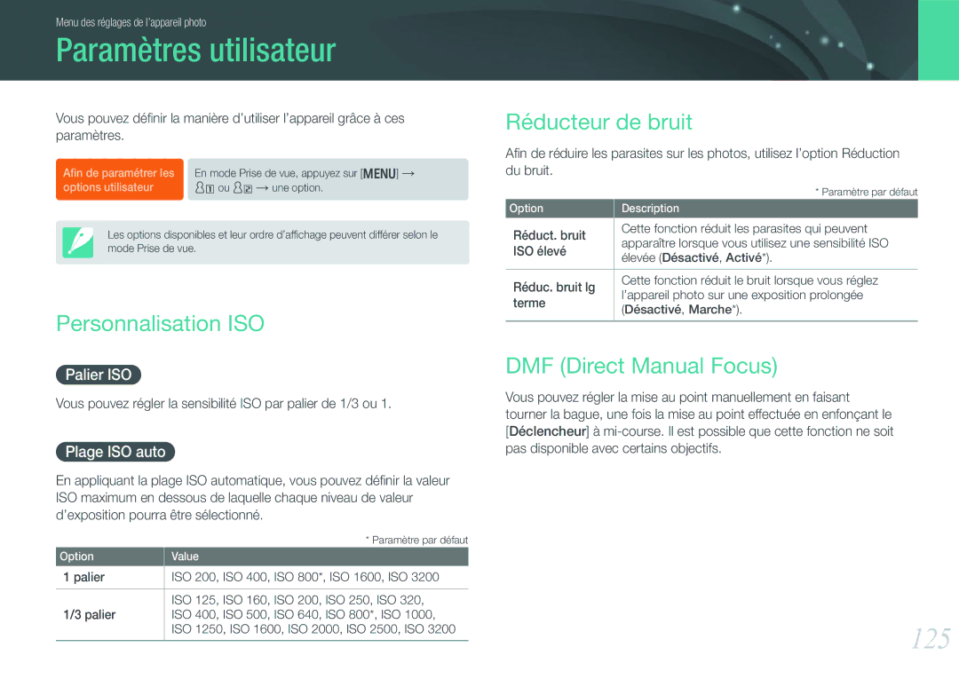 Samsung EV-NX1000BUBFR Paramètres utilisateur, 125, Personnalisation ISO, Réducteur de bruit, DMF Direct Manual Focus 