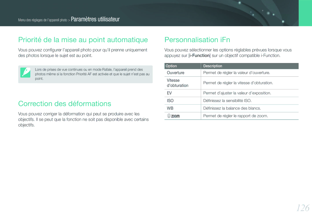 Samsung EV-NX1000BQWFR 126, Priorité de la mise au point automatique, Correction des déformations, Personnalisation iFn 