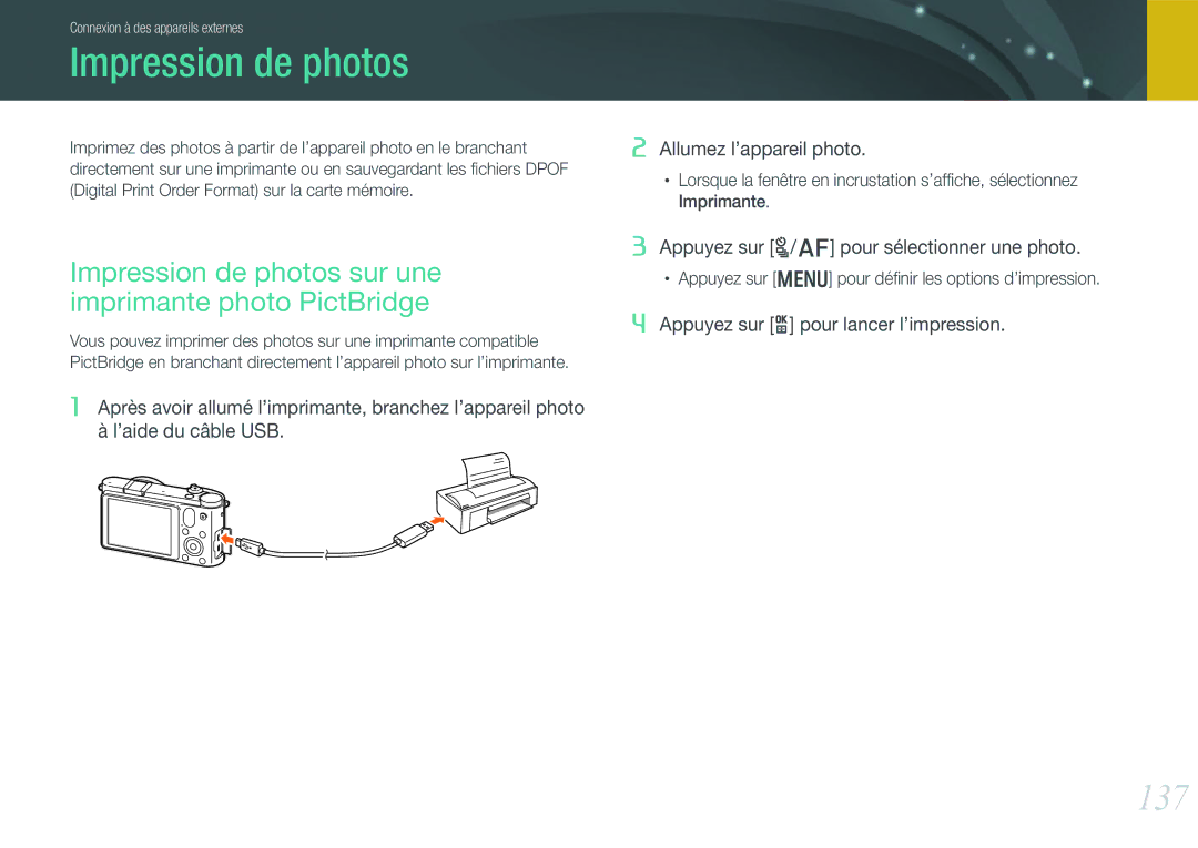 Samsung EV-NX1000BUBFR, EV-NX1000BQWFR, EV-NX1000BFWFR 137, Impression de photos sur une imprimante photo PictBridge 