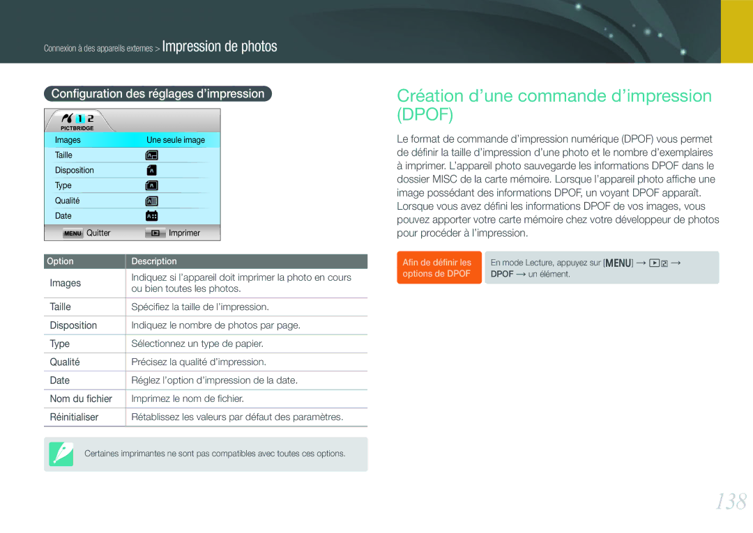 Samsung EV-NX1000BQWFR manual 138, Création d’une commande d’impression Dpof, Conﬁguration des réglages d’impression 