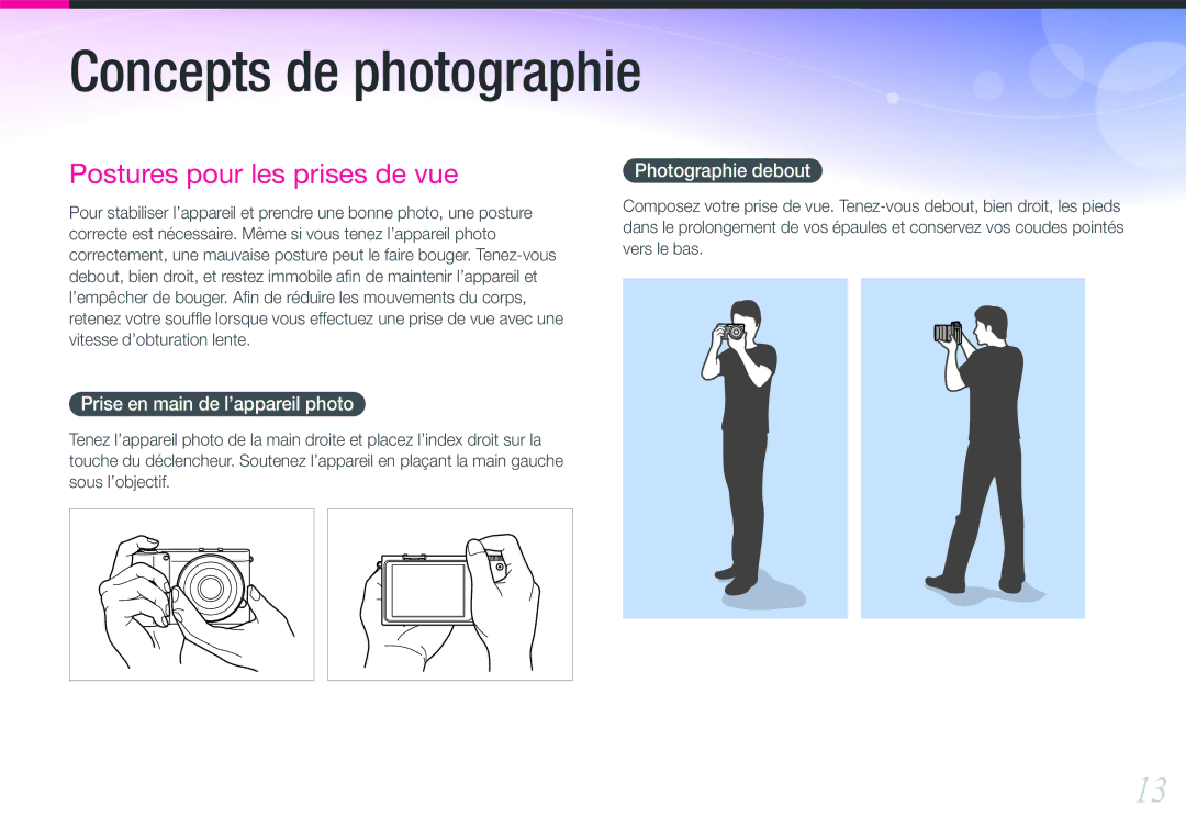 Samsung EV-NX1000BFWFR, EV-NX1000BUBFR, EV-NX1000BQWFR manual Concepts de photographie, Prise en main de l’appareil photo 