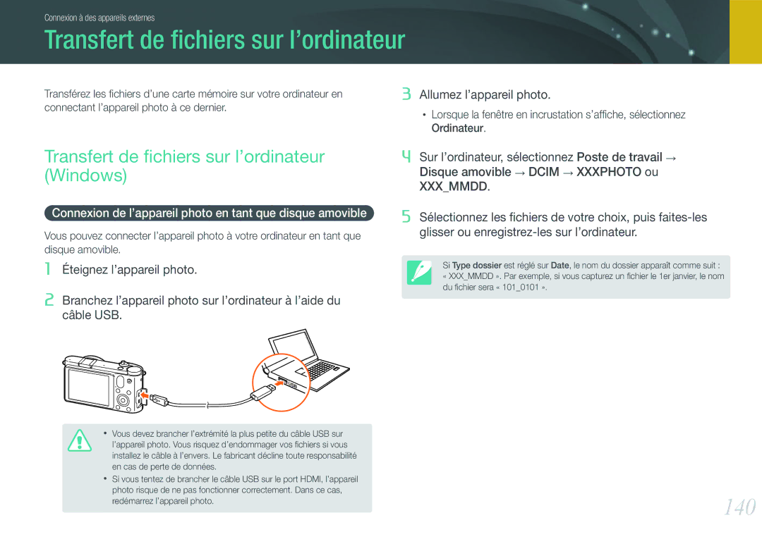 Samsung EV-NX1000BSBFR, EV-NX1000BUBFR, EV-NX1000BQWFR manual 140, Transfert de ﬁchiers sur l’ordinateur Windows 