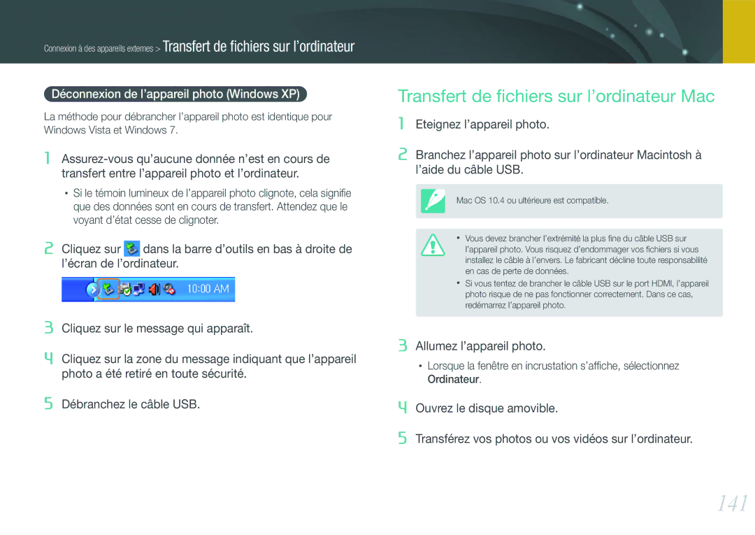 Samsung EV-NX1000BPWFR manual 141, Transfert de ﬁchiers sur l’ordinateur Mac, Déconnexion de l’appareil photo Windows XP 