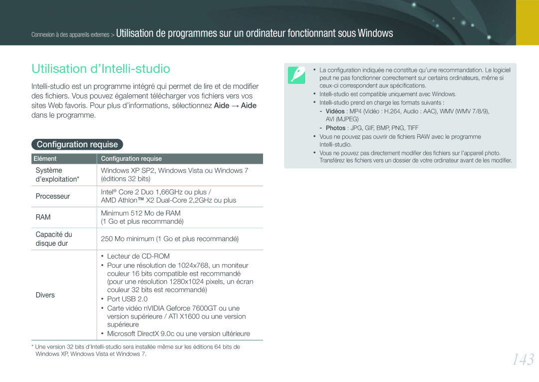 Samsung EV-NX1000BUBFR, EV-NX1000BQWFR manual 143, Utilisation d’Intelli-studio, Conﬁguration requise, Minimum 512 Mo de RAM 