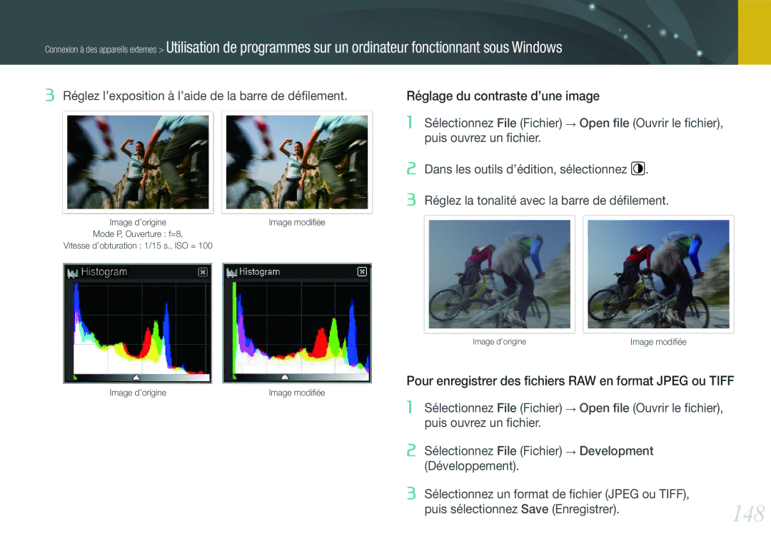 Samsung EV-NX1000BABFR, EV-NX1000BUBFR, EV-NX1000BQWFR manual 148, Pour enregistrer des ﬁchiers RAW en format Jpeg ou Tiff 