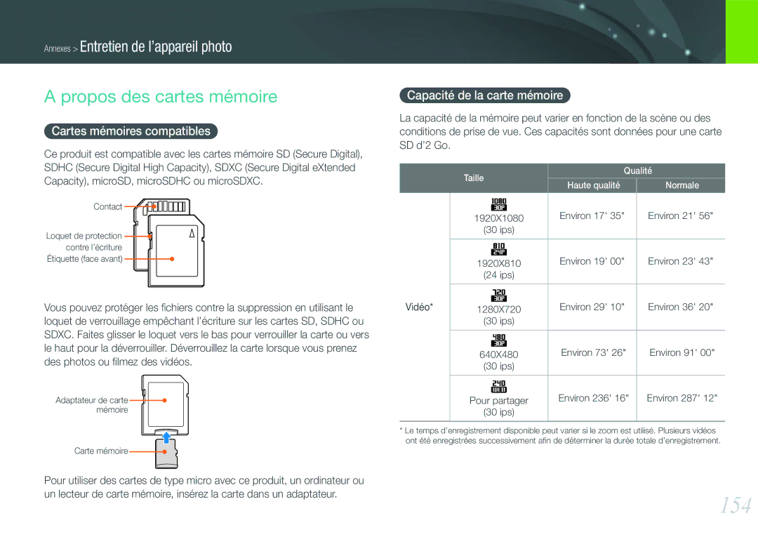 Samsung EV-NX1000BABFR manual 154, Propos des cartes mémoire, Cartes mémoires compatibles, Capacité de la carte mémoire 