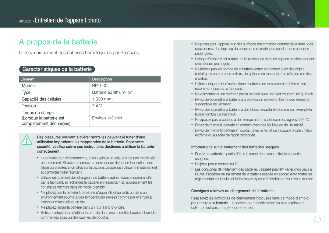 Samsung EV-NX1000BFWFR, EV-NX1000BUBFR, EV-NX1000BQWFR manual 157, Propos de la batterie, Caractéristiques de la batterie 