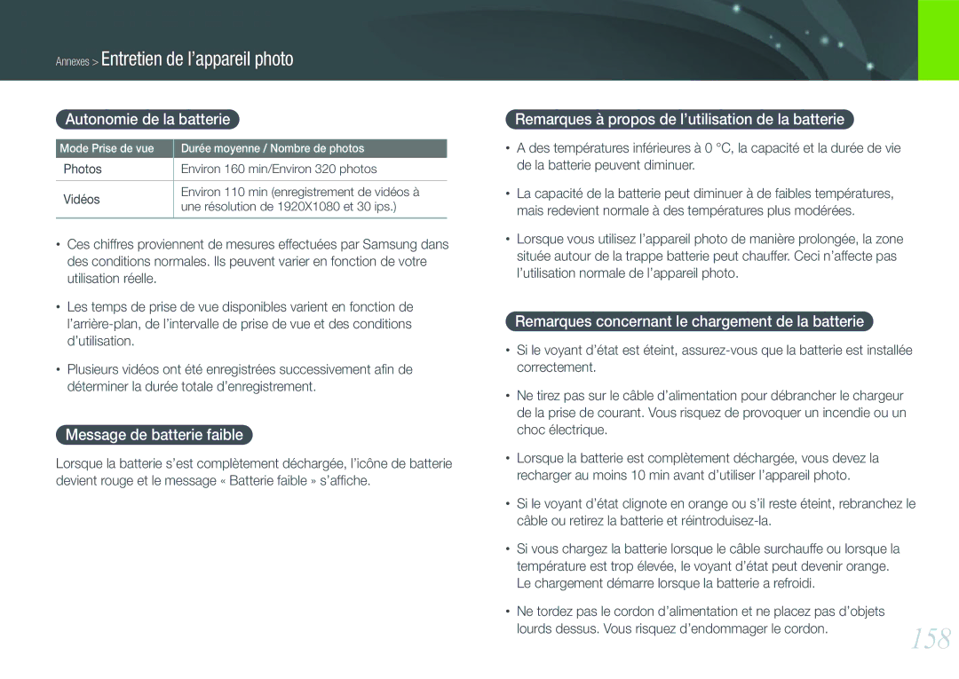 Samsung EV-NX1000BSBFR, EV-NX1000BUBFR, EV-NX1000BQWFR manual 158, Autonomie de la batterie, Message de batterie faible 