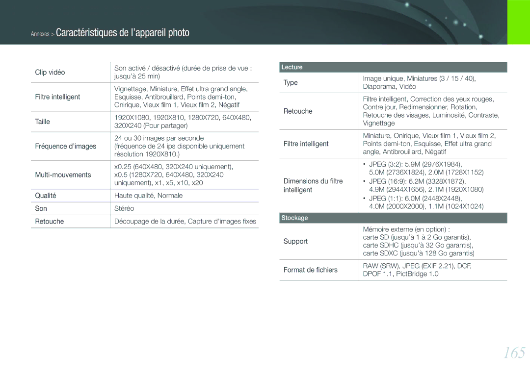 Samsung EV-NX1000BPWFR, EV-NX1000BUBFR, EV-NX1000BQWFR, EV-NX1000BFWFR, EV-NX1000BSBFR, EV-NX1000BABFR manual 165 