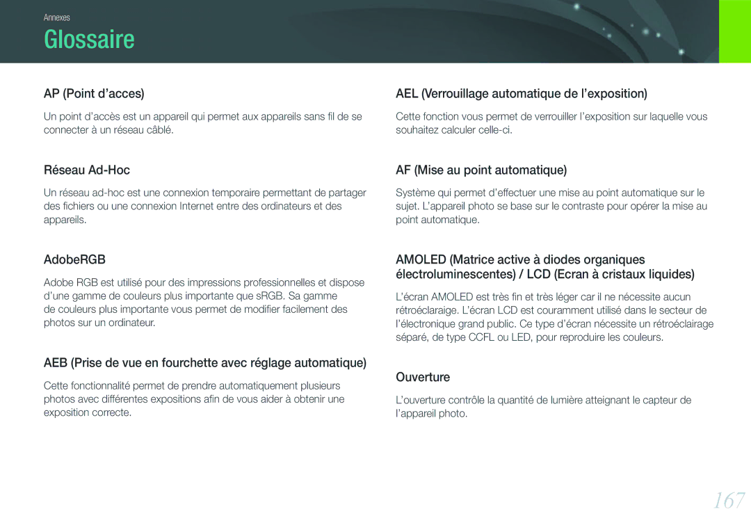 Samsung EV-NX1000BUBFR, EV-NX1000BQWFR, EV-NX1000BFWFR, EV-NX1000BSBFR, EV-NX1000BPWFR, EV-NX1000BABFR manual Glossaire, 167 