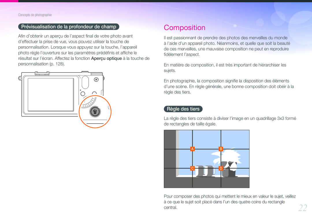 Samsung EV-NX1000BABFR, EV-NX1000BUBFR, EV-NX1000BQWFR manual Prévisualisation de la profondeur de champ, Règle des tiers 