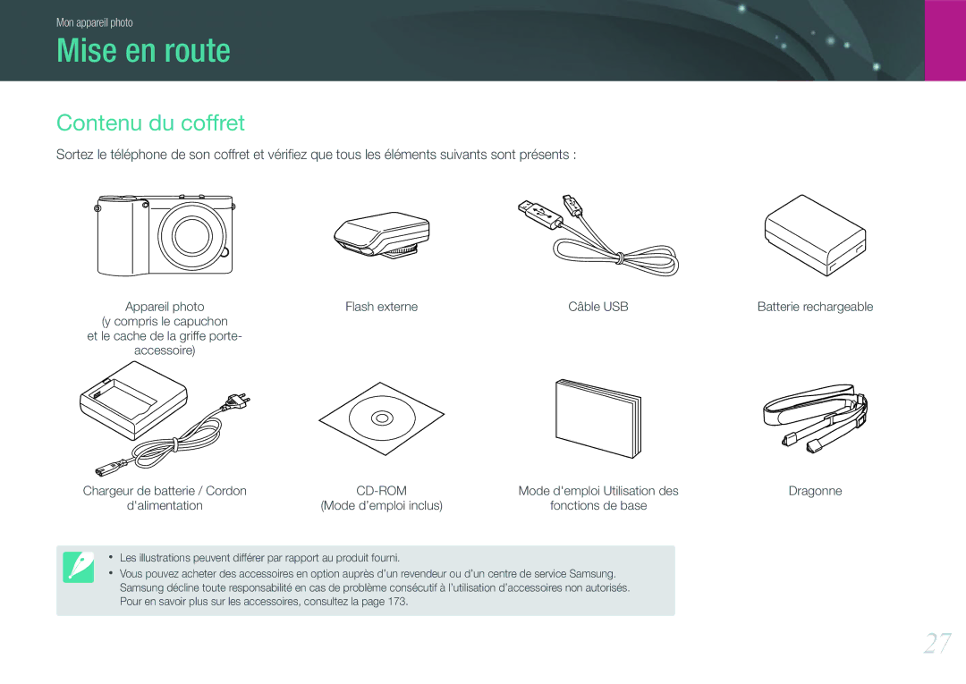 Samsung EV-NX1000BPWFR, EV-NX1000BUBFR Mise en route, Contenu du coffret, Flash externe, Batterie rechargeable Dragonne 