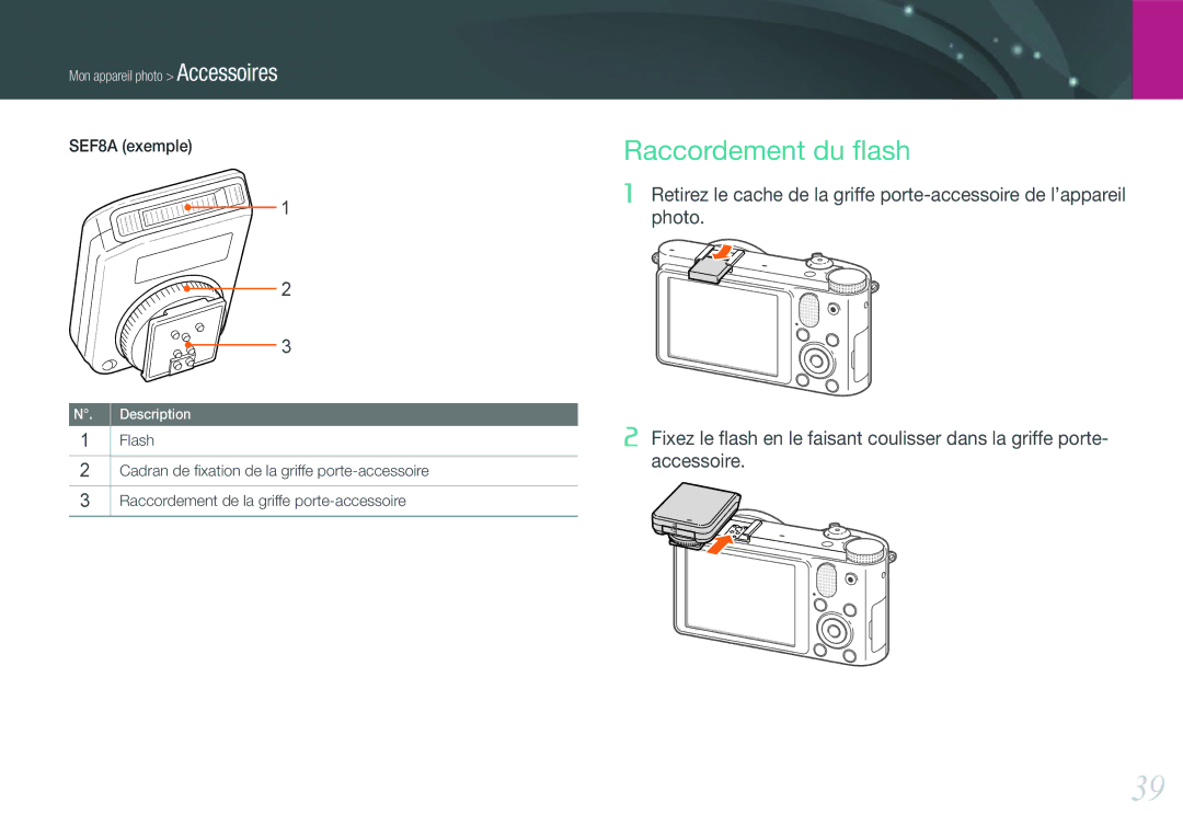 Samsung EV-NX1000BPWFR, EV-NX1000BUBFR, EV-NX1000BQWFR, EV-NX1000BFWFR, EV-NX1000BSBFR Raccordement du ﬂash, SEF8A exemple 