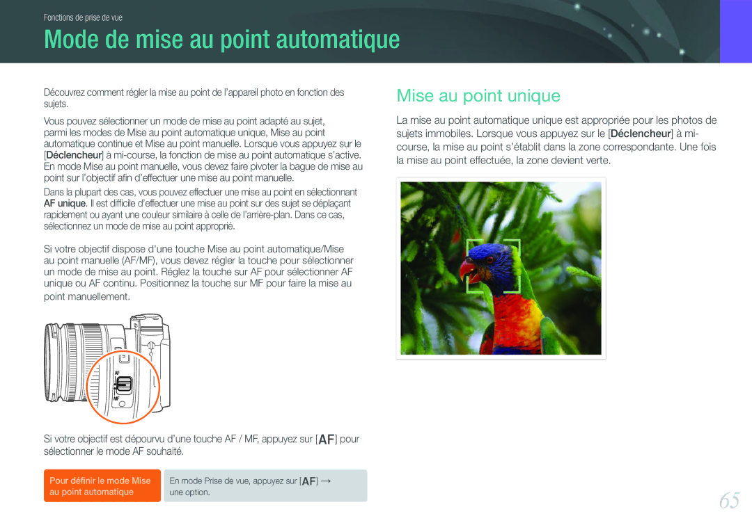 Samsung EV-NX1000BUBFR, EV-NX1000BQWFR manual Mode de mise au point automatique, Mise au point unique, Point manuellement 