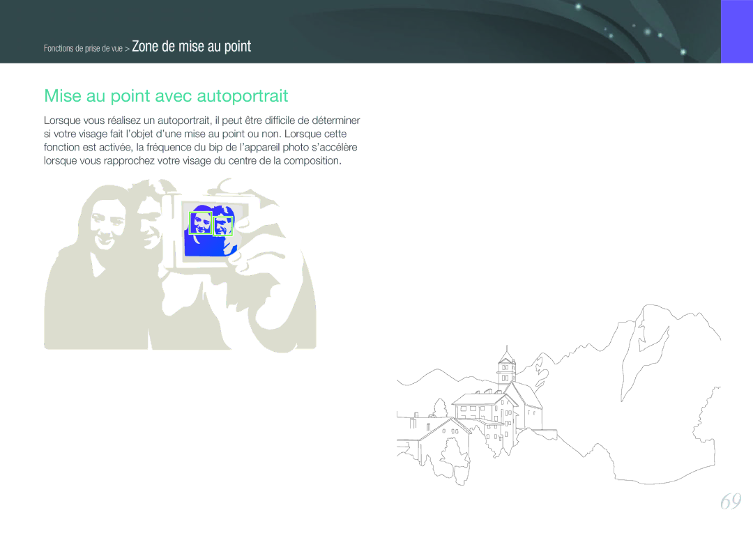 Samsung EV-NX1000BPWFR, EV-NX1000BUBFR, EV-NX1000BQWFR, EV-NX1000BFWFR, EV-NX1000BSBFR manual Mise au point avec autoportrait 